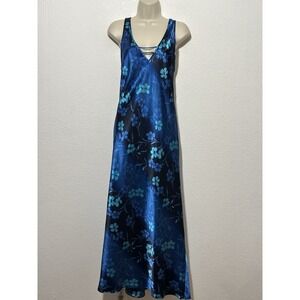 Vtg  Warners Maxi Slip Dress Nightgown Sz L Satin Blue Floral Coquette Fairy